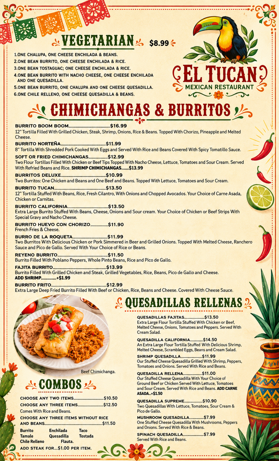 El Tucan menu page 1: Vegetarian, Chimichangas, Burritos, Quesadillas and Combos