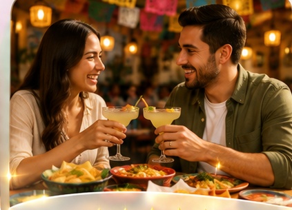 Pareja disfrutando bebidas y comida mexicana en el restaurante