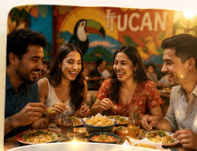 Grupo de amigos disfrutando una comida mexicana y un momento feliz